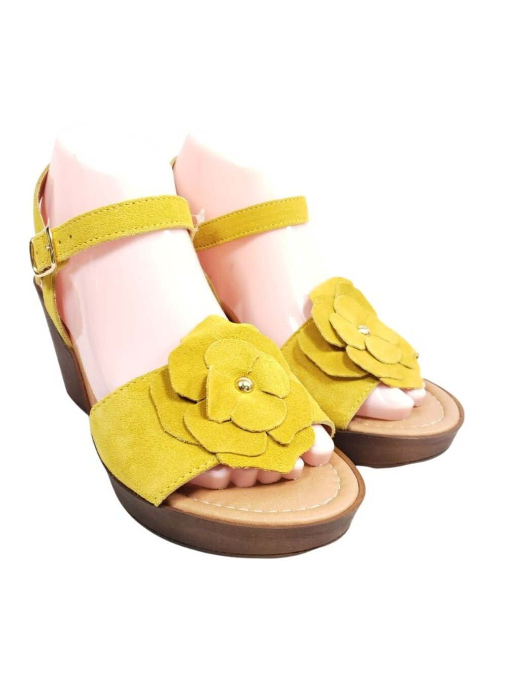 Mariella Wedge Heel Sandals Women's 7 Gold Faux Suede Leather - Picture 2 of 8